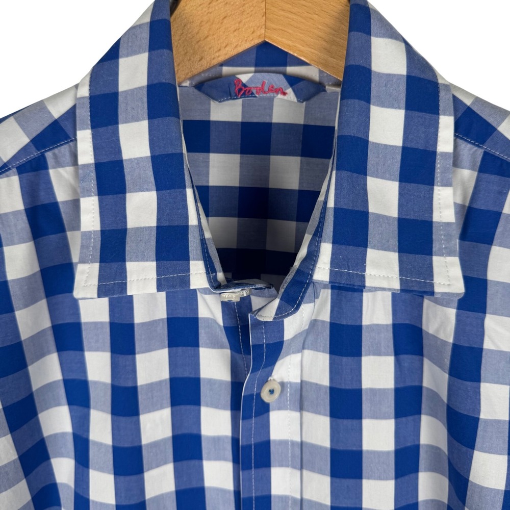 Boden Mens 16.5 Blue White Gingham Check Long Sleeve Shirt Cotton Spread Collar